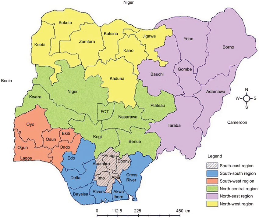 Map of Nigeria showing the six geopolitical zones compressed